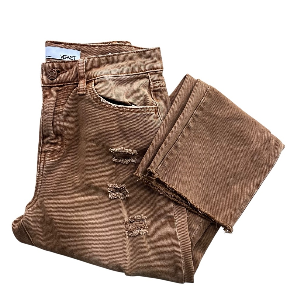 Vervet Women’s 25 Camel Brown Norah Distress High Rise Straight Ankle Jean V2480